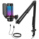 TONOR Gaming Mikrofon PC, USB Microphone für Computer PS4/5, Kondensatormikro mit RGB-Modi & Helligkeit einstellbar, Stummschaltung, Mic für Streaming, Mikrofonarm, Schwarz, TC310+