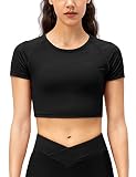 Damen Sport Fitness Workout Basic Kurzarm T-Shirts Kompression Betrieb Yoga Crop Tops Schwarz L