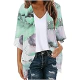 Keepink Damen Strickjacken UK Sommer Lange Strickjacke Tops Hawaii Floral Printed Cardigan 3/4 Ärmel Lose Chiffon Kimono Cardigans Open Front Jumper Damen Strand Cover Up Sale, 21 x Grün, 34