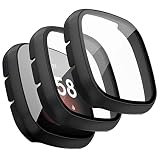 AK 3 Stück Schutzhülle für Fitbit Versa 3 / Fitbit Sense Hülle, PC Hard Hülle mit Hartglas Displayschutz für Fitbit Sense/Versa 3 (Schwarz x 3)