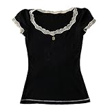 Damen E-Mädchen Kurzarm T-Shirt Y2k Grafik Print Crop Tops Rundhalsausschnitt Fee Grunge Tee Tops Ästhetische Sommerkleidung, Schwarze Spitze,