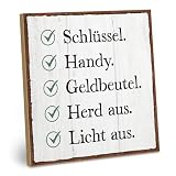 ARTFAVES® Holzschild mit Spruch - Schlüssel - Handy - Geldbeutel | Shabby Chic Schild Retro Vintage Deko Geschenk | Erinnerung, Vergesslichkeit | Größe: 19 x 19