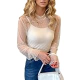 EMOTTOS Damen Spitze Crop Tops, Damen Y2K Polka Dot Sheer Mesh Oberteile Ruched Half-High Neckline, Stilvoll Ausgehender Club Party Sexy Durchsichtiges Oberteil, Weiß, XL
