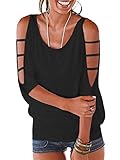 Schwarz Schulterfreies Oberteil Damen Top Sommer Sexy Locker 3/4 Arm Fledermausärmel Baumwoll Tshirt T-Shirt Bluse L