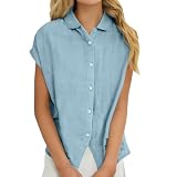 Poamen Leinenbluse Damen Musselin Bluse Shirt Tops Ärmellose Leinenbluse Baumwolle Hemd Oberteile Kurzarm Hemdbluse Tshirt Damen Frauen Blusenshirt Elegant Tunika Lässige Bequeme Leinenhemd (Blue, XL)