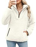 Tuopuda Pullover Damen Sweatshirt Herbst Winter Flauschig Pulli Fleece Weich Langarmshirt mit 1/4 Zip Taschen Langarm Locker Oberteile Tops Shirts Winterpullover ohne Kapuze, Weiß, XXL
