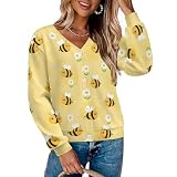 peiyeety Niedlicher Damen-Cardigan mit Bienen-, weißen und gelben Blütenmuster, Langen Ärmeln und Knopfleiste, Größen S-5XL