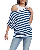 Muwodkdn Damen Gestreiftes T-Shirt Sommer Kurzarm Oberteile 2 in 1 Strandshirt (Royal Blau,L)