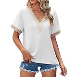 Lässig V-Ausschnitt Einfarbig Gold Spitze Nähen Kurzarm Lose T-Shirt Top Tops (White-d, M)
