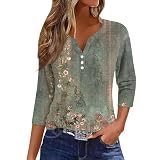 Prime Angebote,Shirt Damen 3/4 Arm,Damen T-Shirts 3/4 Ärmel Vintage-Druck V Ausschnitt Oberteile Lässige Casual Leichte Bequem Henley Tshirt,Blau,XL