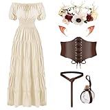 Mittelalter Elfen Kostüm Set für Damen, Karneval Feen Kleidung mit Beige Kleid Elfenohren Korsett Gürtel Blumenkranz Trankflasche Prinzessin Outfit für Renaissance Fasching Halloween Cosplay, Größe L