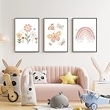 Encuryna 3er Set Poster Kinderzimmer Babyzimmer 40x30 cm, Regenbogen Schmetterlinge Blumen Bilder Ohne Rahmen, Wandposter Bilder Babyzimmer Bilder Kinderzimmer Deko für Junge M