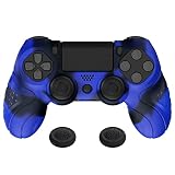 PlayVital Hülle für ps4 Controller,Anti-Rutsche Schutzhülle Case Zubehör Hülle ergonomische Silikonhülle,2 Stück Joystick Caps für ps4 Slim Pro Controller(Guardian Edition,Blau & Schwarz)