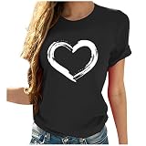 Masrin Damen T-Shirt Lässig Herzförmige Print Tank Tops Kurzarm Tunika Bluse mit O-Ausschnitt (XXL,Schwarz)