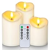 Homemory Wasserdicht Flackernden Flammenlose Kerzen, Outdoor-Batterie Betriebene LED-Säule Kerzen mit Fernbedienung Timer, Elektrische Gefälschte Kunststoff-Kerzen, Elfenbein, 3er-S