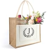 Tarklanda Jutetasche mit Initial, Jute Shopper Bag Frauen Jute-Tasche Alphabet Einkaufstasche, Jute Tote Bag Geschenk für Damen, Frau, Freundin, zum Geburtstage, Weihnachten (J)