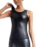 Ausing Crop Top Leder Ärmellos Damen Kunstleder Oberteil Latex T-Shirt Tops Slim Fit für Rave Outfit Party Club Nacht Wetlook Schwarz S