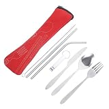 Sosoport Teiliges Edelstahl Besteck mit Gabel Messer Löffel und Strohhalm Tragbares Rostfreies Steak besteck für Camping Picknick und Outdoor einsatz Robust Leicht zu Reinigen Eleg