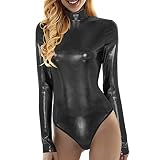 Damen Metallic Langarm Leotard Karneval Kostüm Glänzende Ballettanzug Ballettbody Glitzer Body Damen Gymnastikanzug Trikot Langarm Bodysuit Metallic Einteiler Turnanzug Overall Lack Oberteile Top