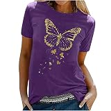 Tshirt Damen Oberteile mit Gold Schmetterlings Print Rundhals Kurzarm Bluse Lässige Tees Pullover Frühlings Herbst Basic Shirt All Match Tunika Tops Geschenk für Teenager Mädchen Pulli Streetw