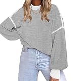 YCBMINGCAN Damen Pullover Elegant Staaten Langarm Rundhals Damen Pullover Casual Alle Damen Farbe Strickpullover Fleecepullover Damen Oversized (Grey, M)