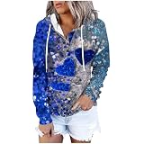 Damen-Kapuzenpullover, grafischer Glitzer-Druck, Pullover, Hose, Henley-Ausschnitt, langärmelig, Kapuzenpullover, Kordelzug, Tasche, Top, buntes Sweatshirt, trendiges Damen-Herbst-Outfit, Blau #_01,
