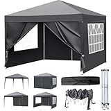 LEADZM Pavillon 3x3m,Pop-up Faltpavillon,Wasserdichter,Winterfest,Höhenverstellbar,UV Schutz 50+,Stahlrahmen,fur Garten,Party,Camping,Outdoor,mit 4 Seitenteilen,Dunkelg