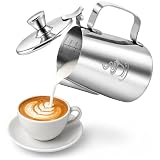 COM-FOUR® 350 ml Milchkännchen mit Deckel - Edelstahl Milchkanne - Milch aufschäumen - Milchaufschäumer Kännchen - Milchschaumkännchen mit Messskala - Barista-Zubehö