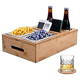 Dreamhigh® Couchbar Snackbox, Couch Bar mit 2 Edelstahl Snackschalen, 2 Untersetzer, Sofa Organizer und Flaschenhalter, Sofatablett Sofa Snackspender aus Premium Holz für Wohnzimmer Sofa, Party