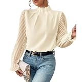 Nbzsmlkn Elegante Bluse, Damenbluse Mit Rollkragen, Plissee-Oberteil, Netzärmel, Volant, Lange Ärmel, Lässig, Locker Sitzend, Einfarbig, Elegante Blusen Fürs Büro (Beige,M)