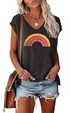 SOADKP Damen Tshirt Sommer Kurzarm mit Druck Regenbogen Oberteile Casual Shirts Tops Tunika (schwarz/M)