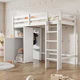 Gegtuon Kinderbett Etagenbett 90x200 cm, Bett mit Kleiderschrank und Stauraum Bücherregal, Hochbett Bettrahmen mit Leiter, Hausbett mit Lattenrost aus Holz und Rausfallschutz, Weiß, ohne M