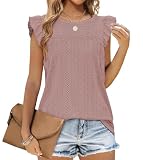 Jescakoo Tank Top Damen Ärmellos mit Rüschen Kurzarm Ösenstoff Top Damen Elegant Oberteile Sommer Rundhals Ausschnitt Bluse Damen 2024 Violett XL