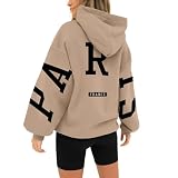 Damen-Kapuzenpullover mit langen Ärmeln, Buchstabenaufdruck, trendiger Grafik-Fleece, Kapuzen-Sweatshirt, Pullover mit Tasche, lockere Schulterpartie, adrette Kleidung, bequeme Oberbekleidung, Tunika,