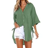 OverDose Damen Casual Übergröße Unregelmäßige Mode Lose Leinen Kurzarm Shirt Vintage Bluse Fest Hemd Lang Tank Tops T-Shirt Freizeit Oberteile Tees (EU-40/CN-M, A-z-Grün2)