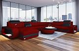 Sofa Dreams XXL Stoff Wohnlandschaft Berlin - mit LED Beleuchtung, verstellbare Kopfstützen, Ottomane/Mikrofaser/Ausrichtung wählbar (Ottomane Links, Schwarz-Dunkelrot)