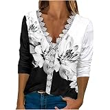 Masrin Dreiviertel Hülsen Bluse Damen Elegante Spitzen Nähte Oberteile Langärmelige Pullover mit Tiefem V-Ausschnitt Modisches Blumendruck T-Shirt 3/4 Arm Langarmshirt Tunika Bluse aushö