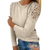 Blaues Tshirt Damen Einfarbiges, langärmliges T-Shirt mit Rundhalsausschnitt und Hohlnähten für Damen Crop T Shirt Damen (Beige, M)