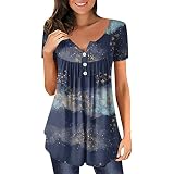 Briskorry Damen T-Shirt Kurzarm Elegant Longshirt Plissee Knopfleiste Retro Falten Tunika Blumen Tops Luftige Casual Oberteile Lässig Sommershirts Leicht Baggy Damenb