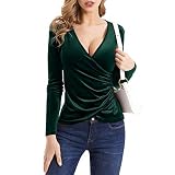 Oberteile Damen Sexy Langarm Tiefer V-Ausschnitt Wickel T Shirt Samt Seidentop Bluse Comfort Fit Langarmshirt Pullover Hemden Blusenshirt T-Shirt Oberteil für Frauen Party Club Alltag F