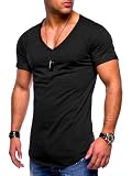 behype. Herren T-Shirt V-Ausschnitt Kurzarm Oversized Basic Male Tee aus Baumwolle Leichtes V-Neck Oberteil Schwarz-M
