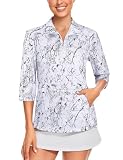 Tanst Sky Damen-Golfshirt mit 3/4-Ärmeln, schnelltrocknend, Reißverschluss, Workout, Tennis, Oberteil mit Taschen, Marmorweiß, M