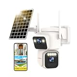 LUOVEE Solar Überwachungskamera Aussen Akku, 2K Dual Objektiv 3MP, PTZ Kamera mit 360° Blick, Farbnachtsicht, 5GHz/2.4GHz WLAN, Bewegungsmelder, Zwei-Wege-Audio, SD & Cloud Speicher, IP65 W