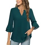Damen Chiffon Tunika Lässig Rundkragen 3/4-Ärmeln Bluse Fließende Shirts Loose Fit Oberteile Blusen mit Rüschenärmel Tunika Tops Chiffon Damenblusen Oberteil Einfarbig Frühling 3/4 Arm Ob