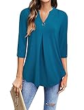 Gaharu Dreiviertelarm Schönes Blusen Damen 3/4 Arm Blusentunika Frauen Locker Freizeitbluse Henley Damentops Casual Basic Fließende Arbeit Wasserfall Herbst Women Legere Baumwollhemd Dunkler Cyan, M