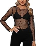 Niwicee Damen T-Shirt Sexy Langarm Transparent Shirt Rundhals Durchsichtige Casual Tops Schwarz Mesh Oberteile Fishnet Sheer Mesh Bluse Tunika Clubwear Party Tops Netzoberteil-D-Punkt-S