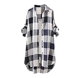 Damen Karierte Bluse Lang Leinenbluse 3/4 Arm Langarmshirt Knopfleiste mit Puffärmel Freizeit Locker Mode Sommer Blusen Plaid Longbluse Elegant Blusenshirt Oberteile Top