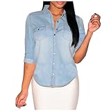 Generisch 2025 - Vintage gewaschenes Damen-Langarm-Jeanshemd im klassischen Retro-Stil Sweatjacke Mit Fell (Light Blue, XXL)
