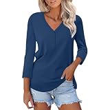 KKvoPiQ Mesh Glitzer Oberteil mit V-Ausschnitt, 3/4-Ärmel, Knopfleiste, lässig, sexy Bluse mit Blumendruck T Shirt Oversized Damen (Dark Blue, XL)