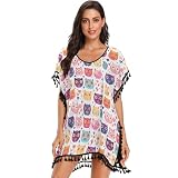 Süße Eule Tier Cartoon Damen Bademode Cover Ups Bikini Cover Ups Strand Oversized Quaste Kleid, Niedliches Eulen-Cartoon, L